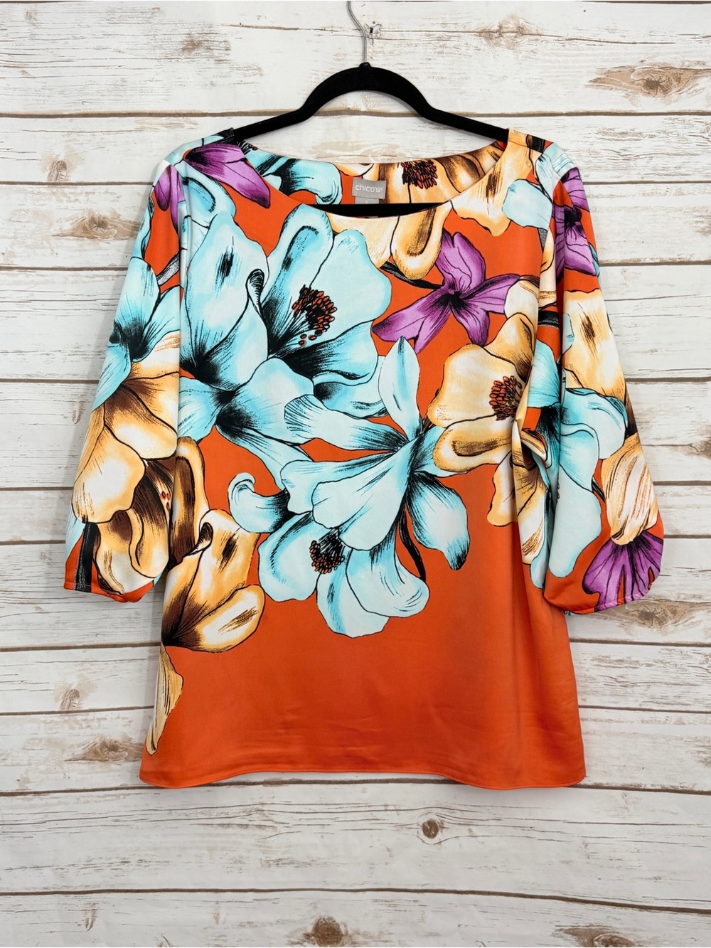 Chicos Orange Floral 3/4 Sleeve Blouse 2